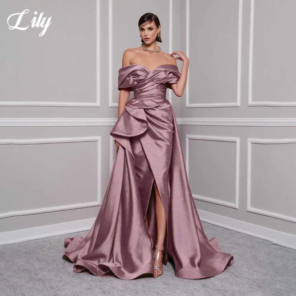 Lily Red Elegant ชุดราตรี V คอปิดไหล่ชุดผู้หญิงซาตินจีบด้านข้างแยกชุดราตรีที่กําหนดเอง