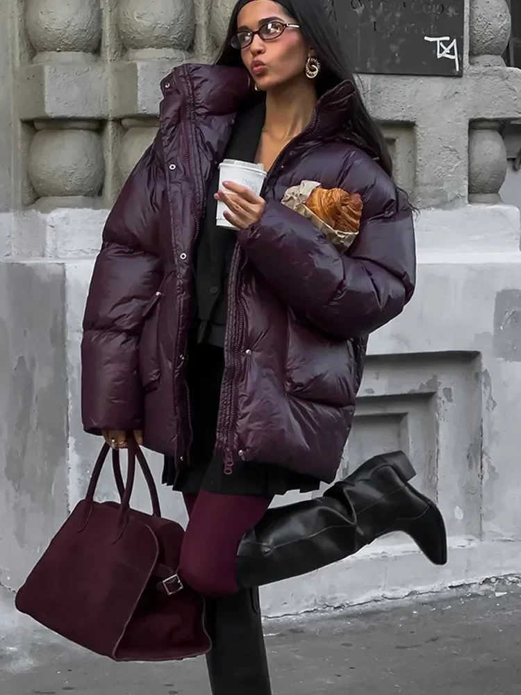 2024 ใหม่BurgundyฤดูหนาวWarm Down Jacketผู้หญิงElegant Stand Collar Lace Upกระเป๋าผ้าฝ้ายเสื้อฤดูใบไม้ร่วงหญิงStreet ...