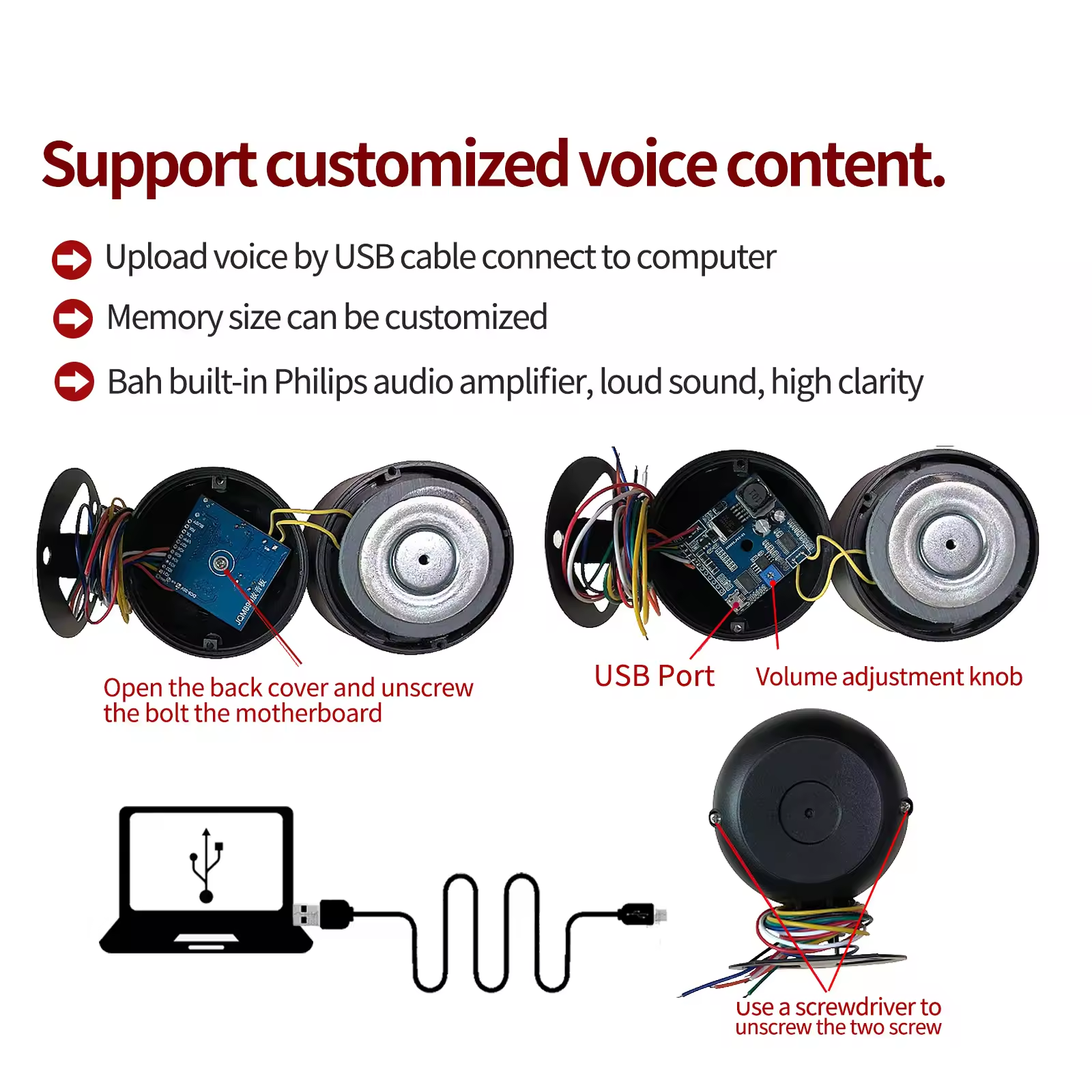 Geluidsalarm Sirene Luidspreker 9-35V 10W Aan/uit-schakelaar Trigger USB costom stemluidspreker voor beveiligingswaarschuwing voor openbaar gebruik (rood)