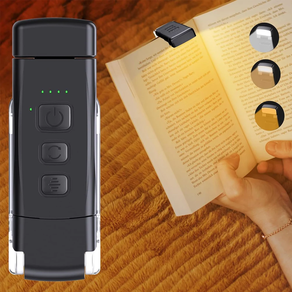Luz de libro recargable por USB para leer en la cama Luz de lectura LED portátil con clip 3 colores ámbar y 3 brillos regulables para niños