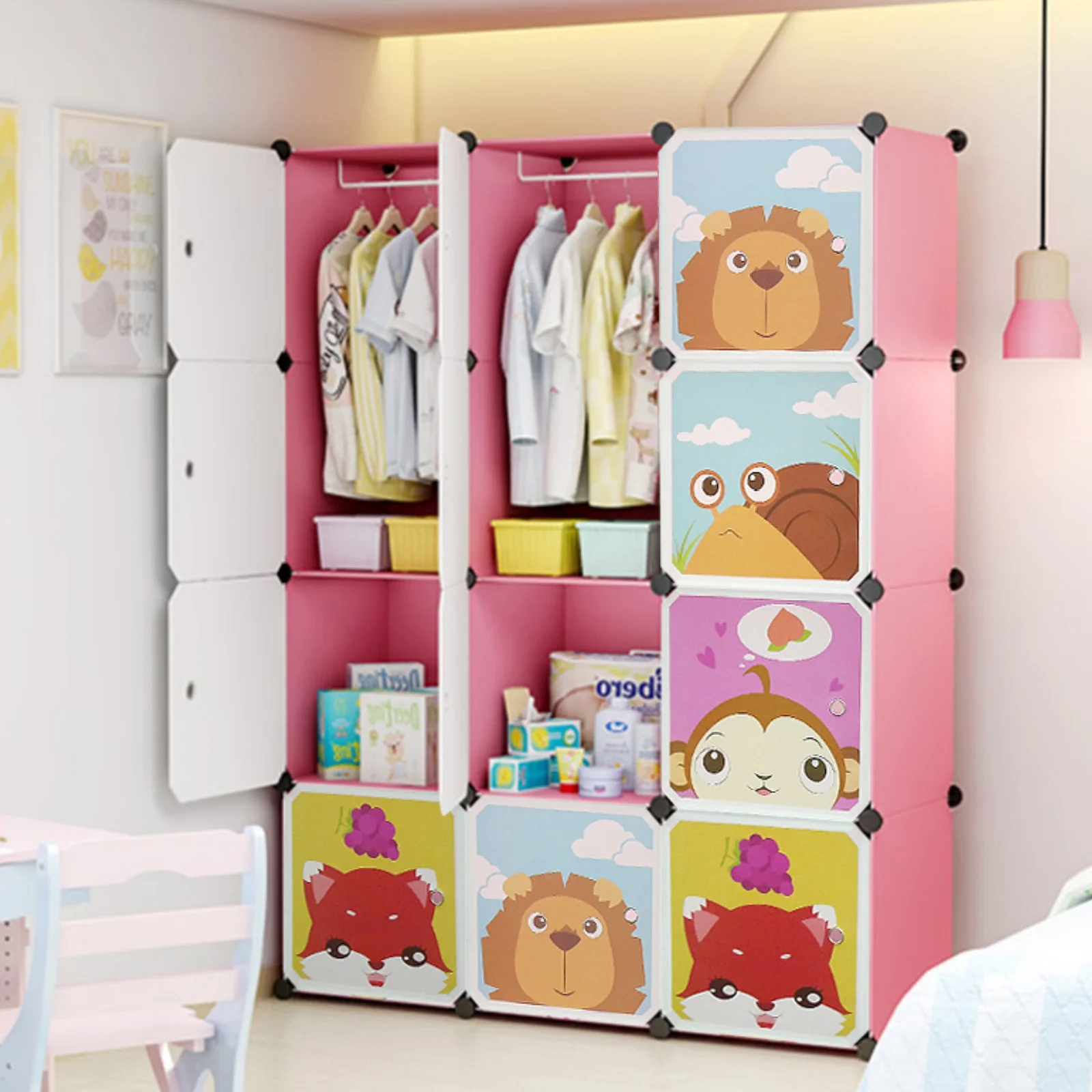 Armadio per bambini, scaffale per bambini espandibile Libreria per bambini con ante e 2 grucce, 111 x 37 x 147 cm