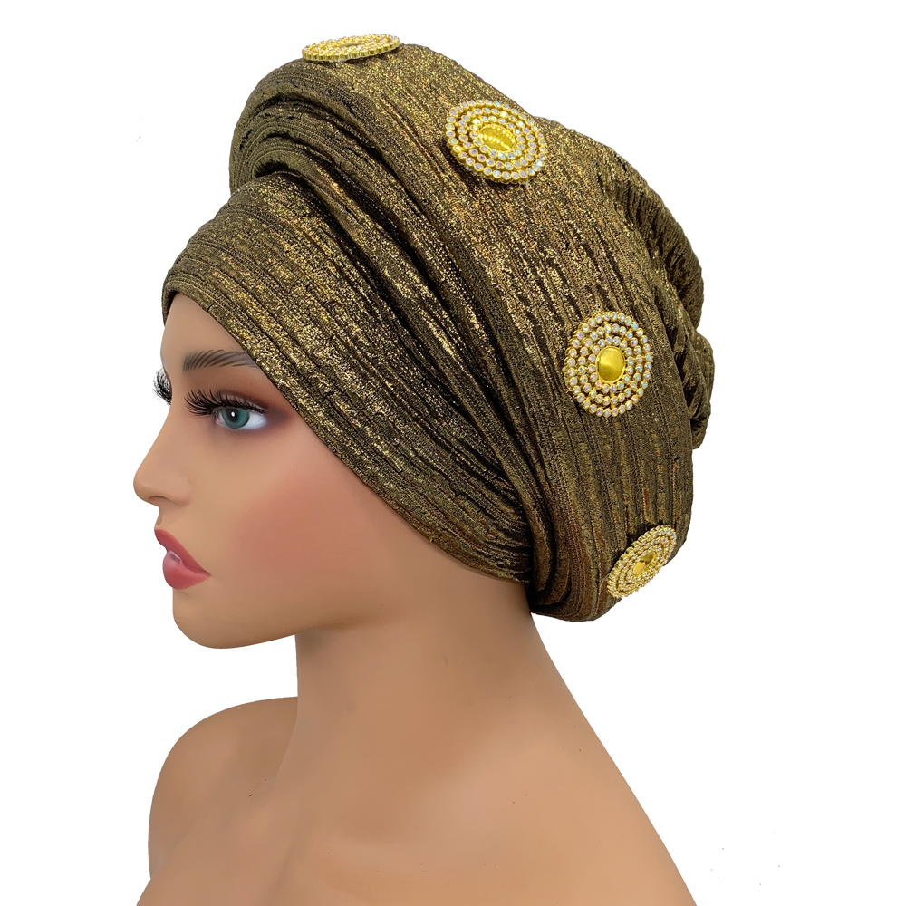 ทําแล้วแอฟริกัน Headtie Glitter เพชรผู้หญิง Turban หมวกหญิงหัว Wraps ไนจีเรียงานแต่งงาน Auto Geles Party Headwear หมวก