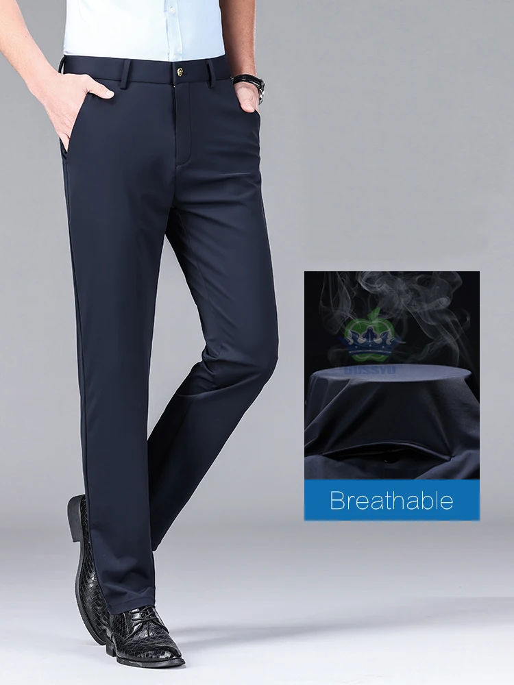 Calças de negócios masculinas, tecido de alta elasticidade, todas as estações, cintura elástica, clássico, trabalho, escritório, lã, terno formal, plus size 40