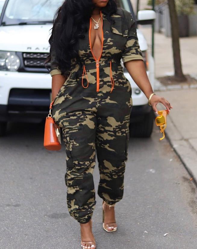 แฟชั่นJumpsuitsสําหรับผู้หญิง2025ฤดูร้อนCamouflageพิมพ์กระเป๋าซิปลําลองชิ้นJumpsuit Streetwear Y2Kเสื้อผ้า