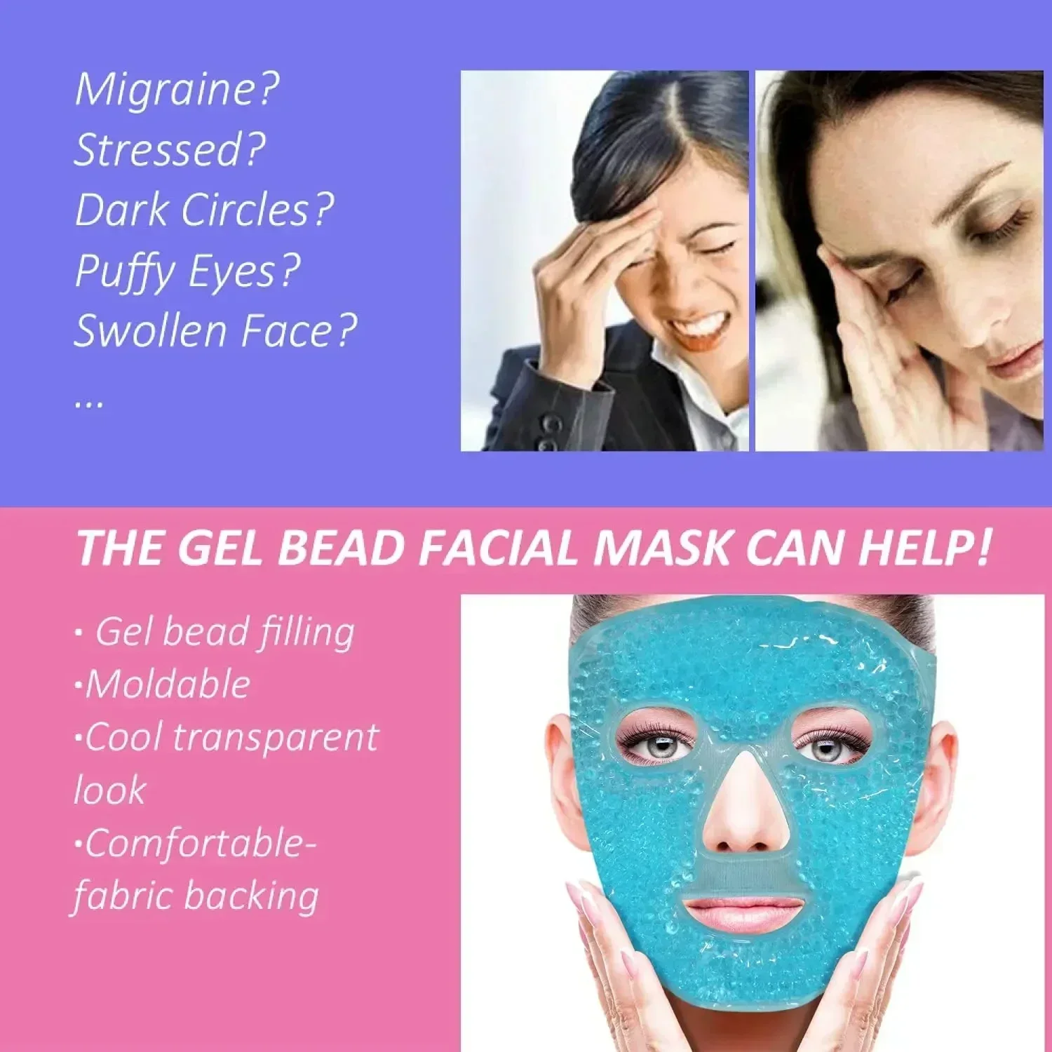 SPA Ghiaccio Calore freddo e caldo Maschera per gli occhi a pieno facciale Sacco di ghiaccio per dormire Ridurre il soffio per il viso Occhiaie Perline di gel Impacco per donna