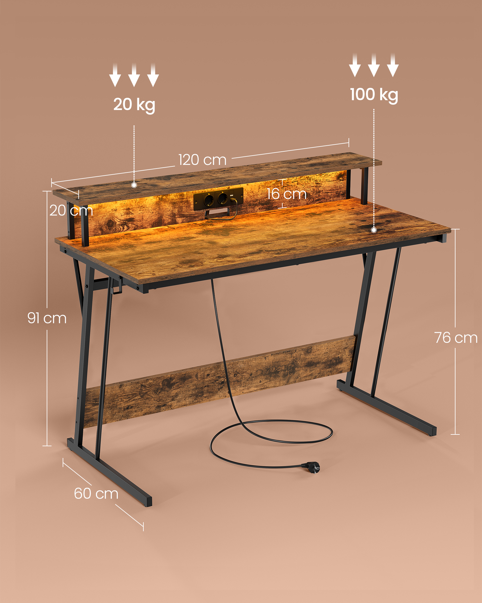 VASAGLE Schreibtisch, mit eingebauter Steckdosenleiste,LED-Beleuchtung