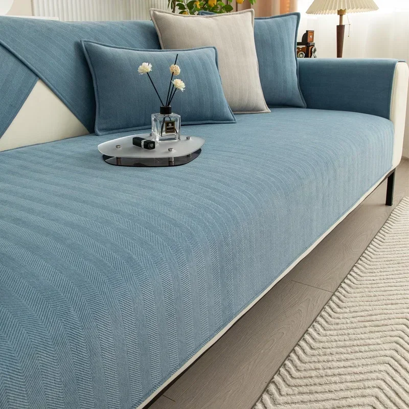 Funda de sofá de chenilla Universal para las cuatro estaciones, alfombrilla de sofá a rayas de Color sólido para sala de estar, cojín de sofá antideslizante en forma de L