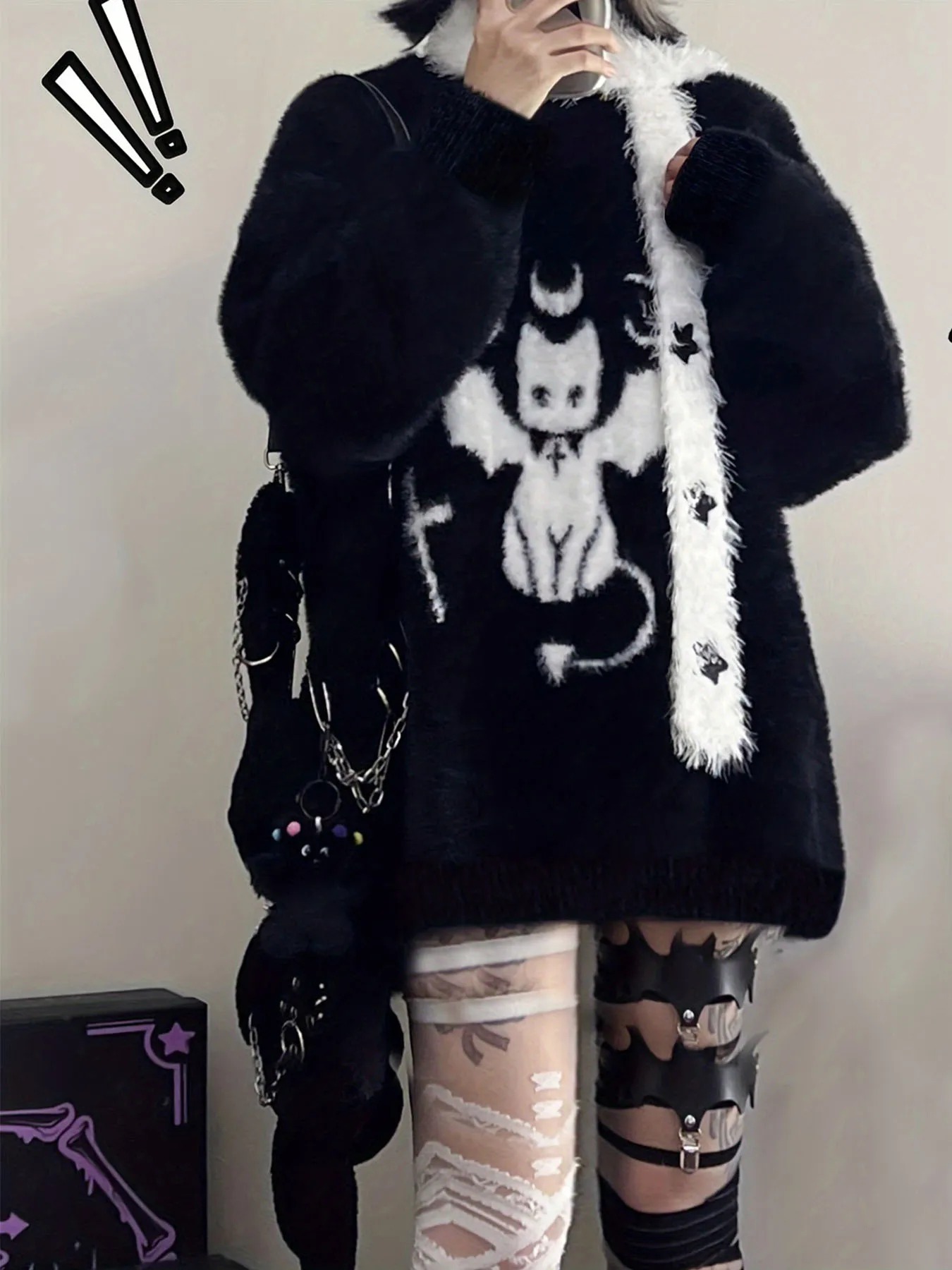 Women's Y2K Devil Jacquard Pullover Knit Sweater for Winter Gothic Style Furry Pullover Sweaters for Female