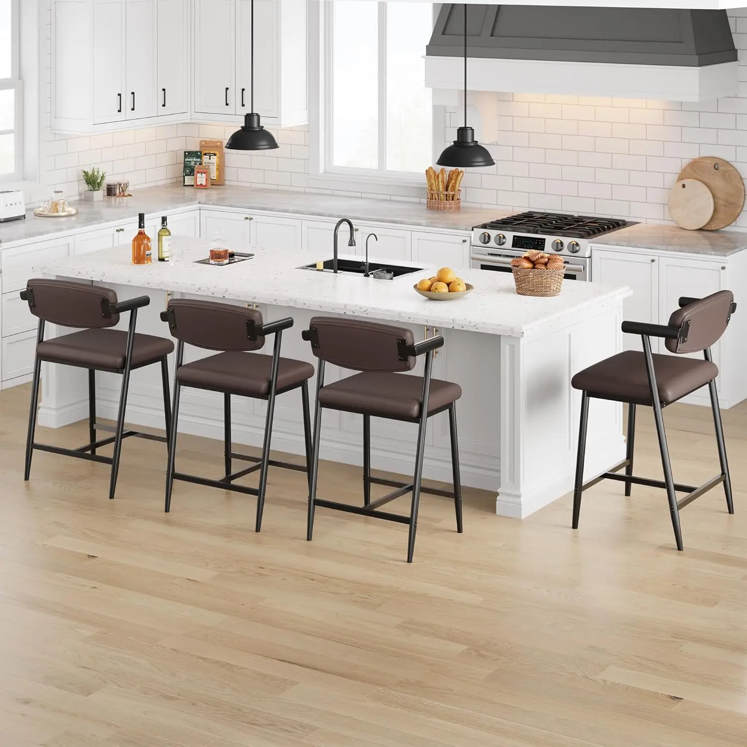 2PCS 26" Counter Height Barstools Set with Back & Footrest Modern Metal Bar Stools Wide Seat for Counter Bar, Kitchen Island