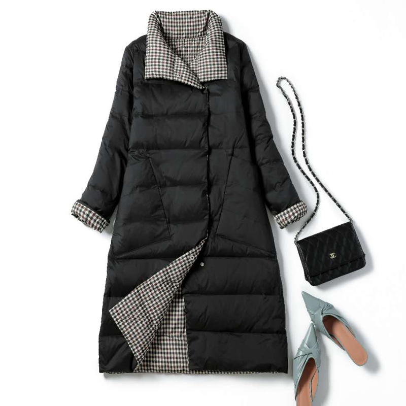 FTLZZ New Autumn Winter Women Double Sided Ultra Light Long Down Coat 90% White Duck Down Parkas Warm Snow Plaid Outwear