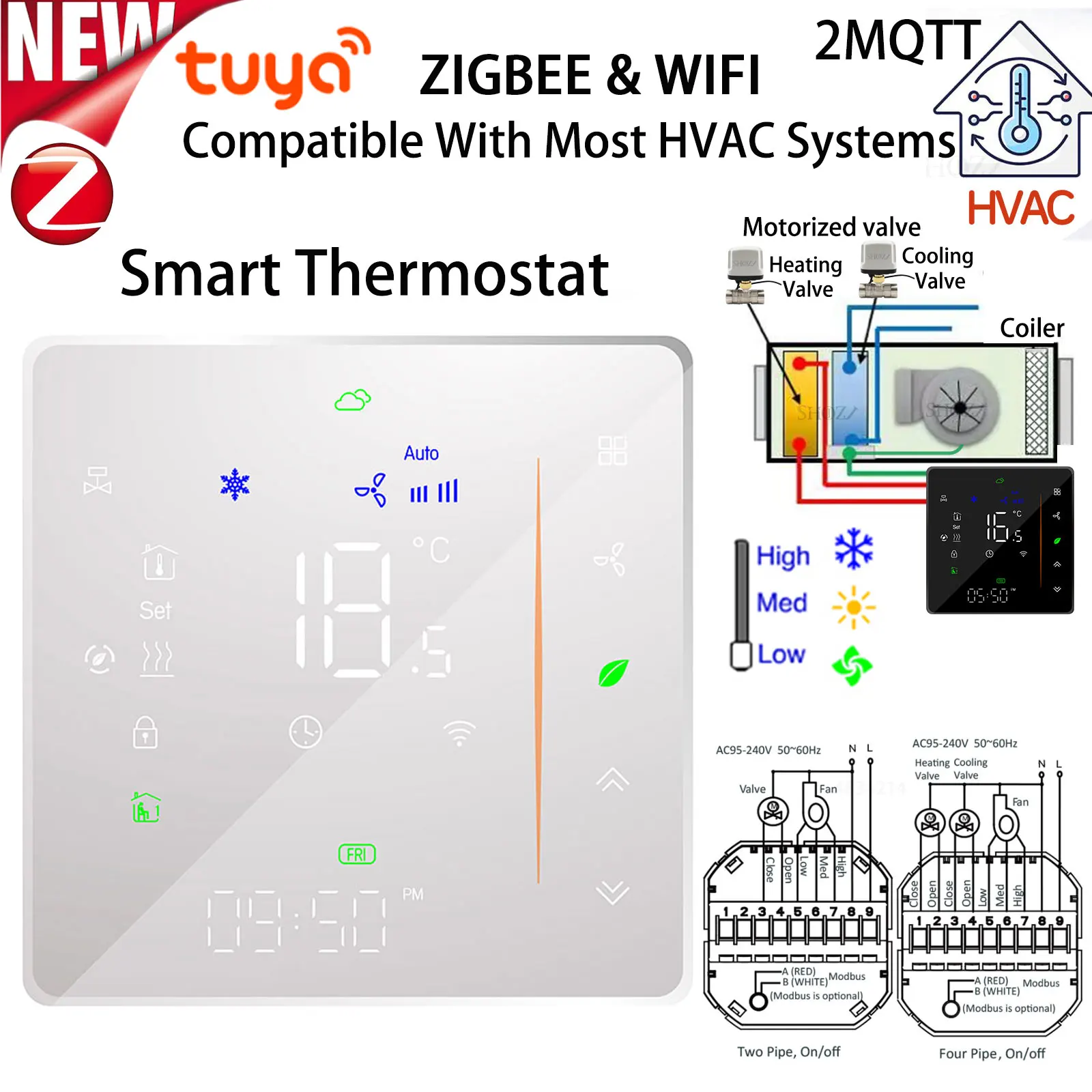 Termostato central inteligente para aire acondicionado Tuya Zigbee & WiFi para unidad de fan coil, válvula de calefacción y refrigeración digital para Sonoff & 2Mqtt, compatible con Alexa, Google Home, Yandex Alice