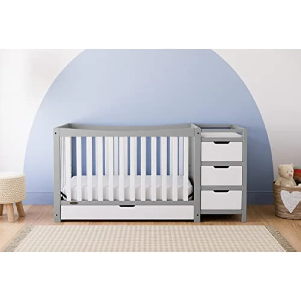 New 5-In-1 Convertible Crib & Changer with Drawer Crib and Changing-Table Combo, Includes Changing Pad, Converts To Toddler Bed