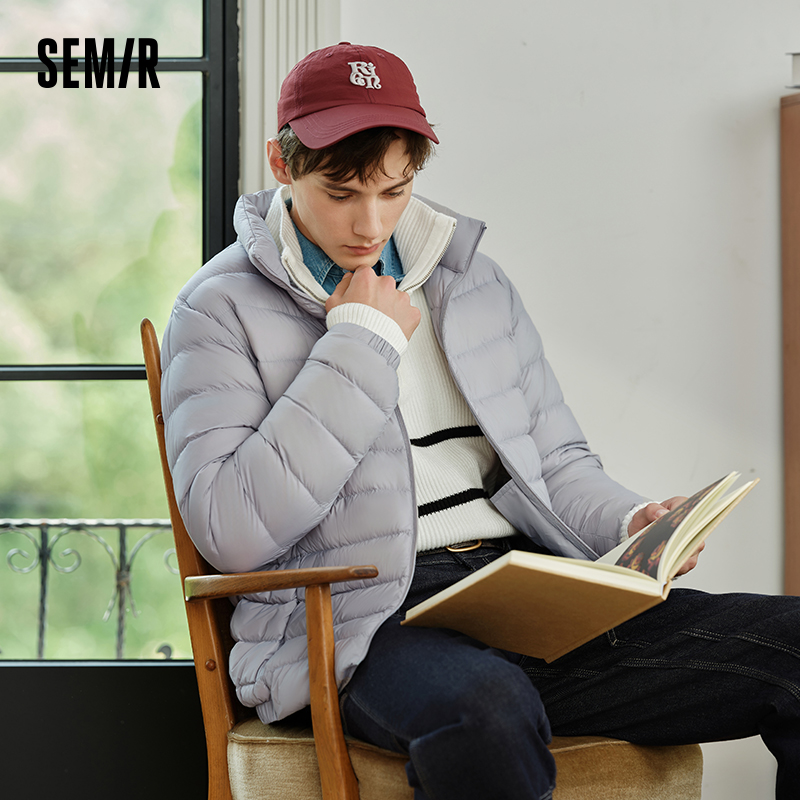 Semir Down Jacket Men Three-Proofน้ําหนักเบาเสื้อแจ็คเก็ตสั้นฤดูหนาวใหม่ 2024 สีทึบอบอุ่นคอปกอเนกประสงค์
