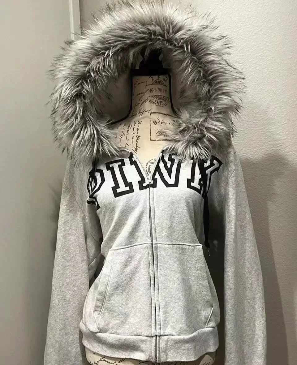 Sudadera con capucha flocada gris Y2K para mujer, chaqueta con cremallera bordada con gráfico de letras Retro Harajuku, abrigo ajustado gótico dulce y Sexy para otoño e invierno