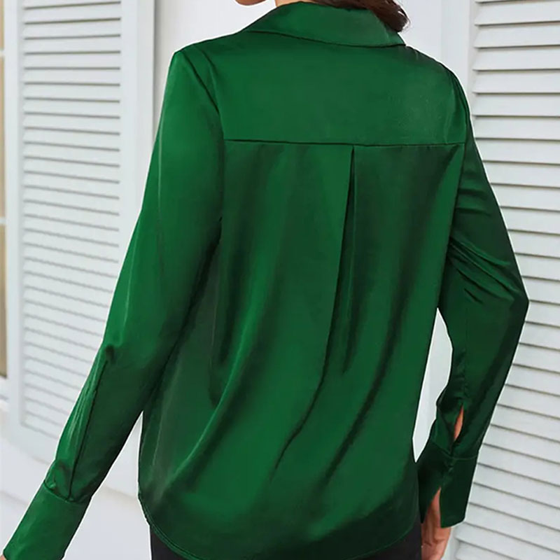 Tendência moda feminina casual elegante cetim camisa de manga comprida escritório camisas e blusas femininas finas roupas femininas verde como seda