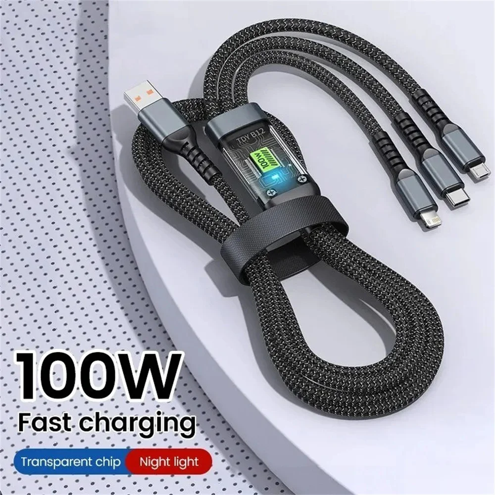 Cavi 3 in 1 da 100 W Cavo dati microfilo da USB a tipo C a ricarica rapida 5A per Samsung Xiaomi iPhone Cavo USB tipo C a ricarica rapida