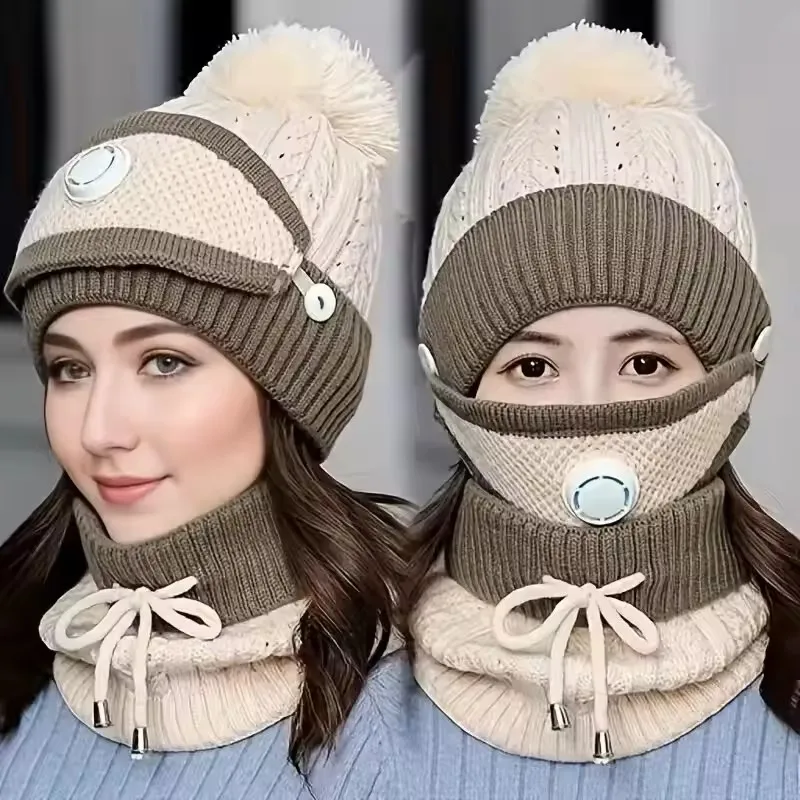Conjunto de 3 piezas de bufanda y sombrero cálidos para mujer, moda de invierno, tejido estampado, válvula de ventilación amigable con la piel, accesorio cálido para las orejas, 3 uds.