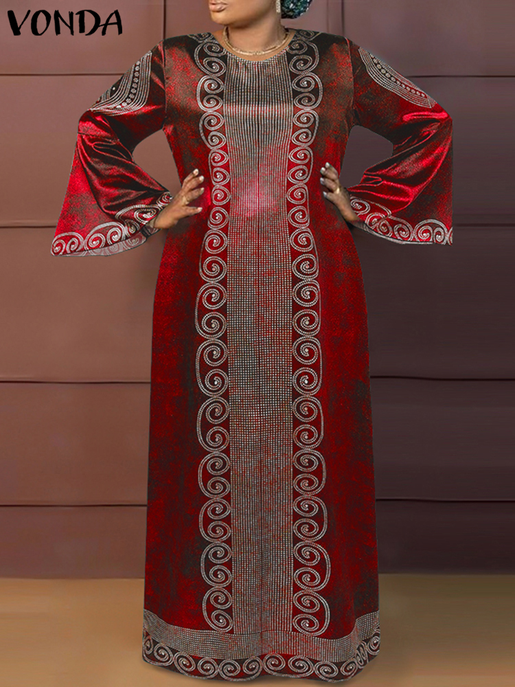 プラスサイズ VONDA 女性ヴィンテージマキシロングドレス 2024 ボヘミアンプリントサンドレスエレガントなフレア長袖ルーズローブカジュアル Vestido