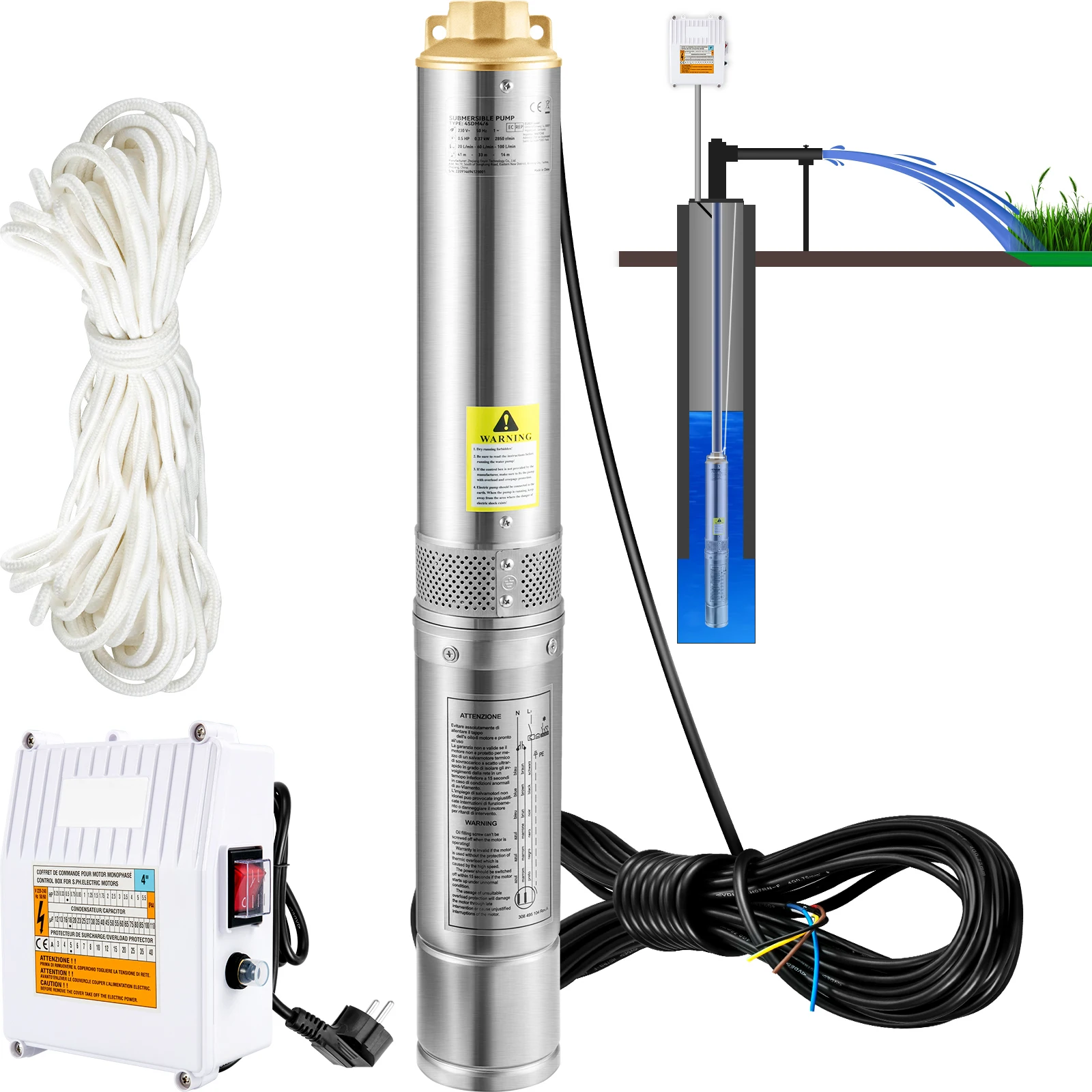 Bomba submersível de poço profundo, bomba de água de aço inoxidável 370w/550w/750w/1100w, grande taxa de fluxo, bomba de água de elevação de cabeça alta