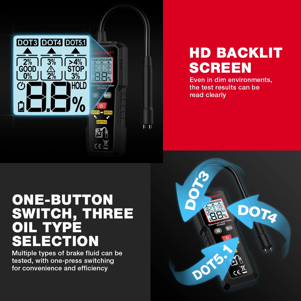 デジタルブレーキ液テスター自動車ブレーキオイル水分検出器 DOT3/DOT4/DOT5.1 バックライト付き柔軟なプローブブレーキオイルテスター