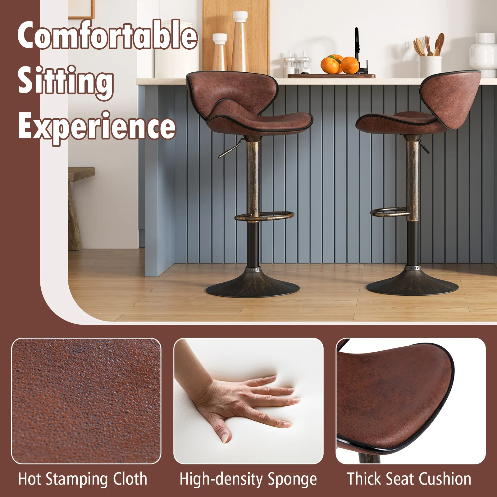 GOFLAME Height-adjustable Bar Stools Set of 2 Upholstered Bar Chair w/ Backrest
