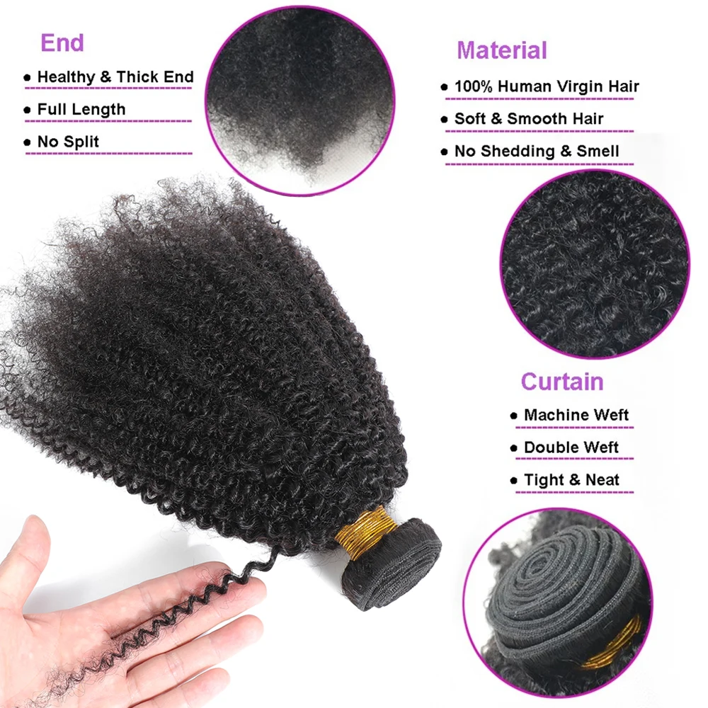 Bundles de cheveux humains bouclés indiens afro crépus bruts, tissage de cheveux vierges naturels, trame d'extension de cheveux, 100% doux, 4B, 4C