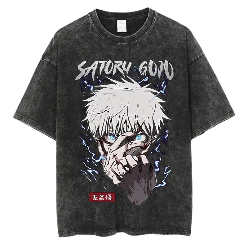 アニメウォッシュ Tシャツ原宿夏綿 100% 半袖オーバーサイズ Tシャツヴィンテージストリート Tシャツ