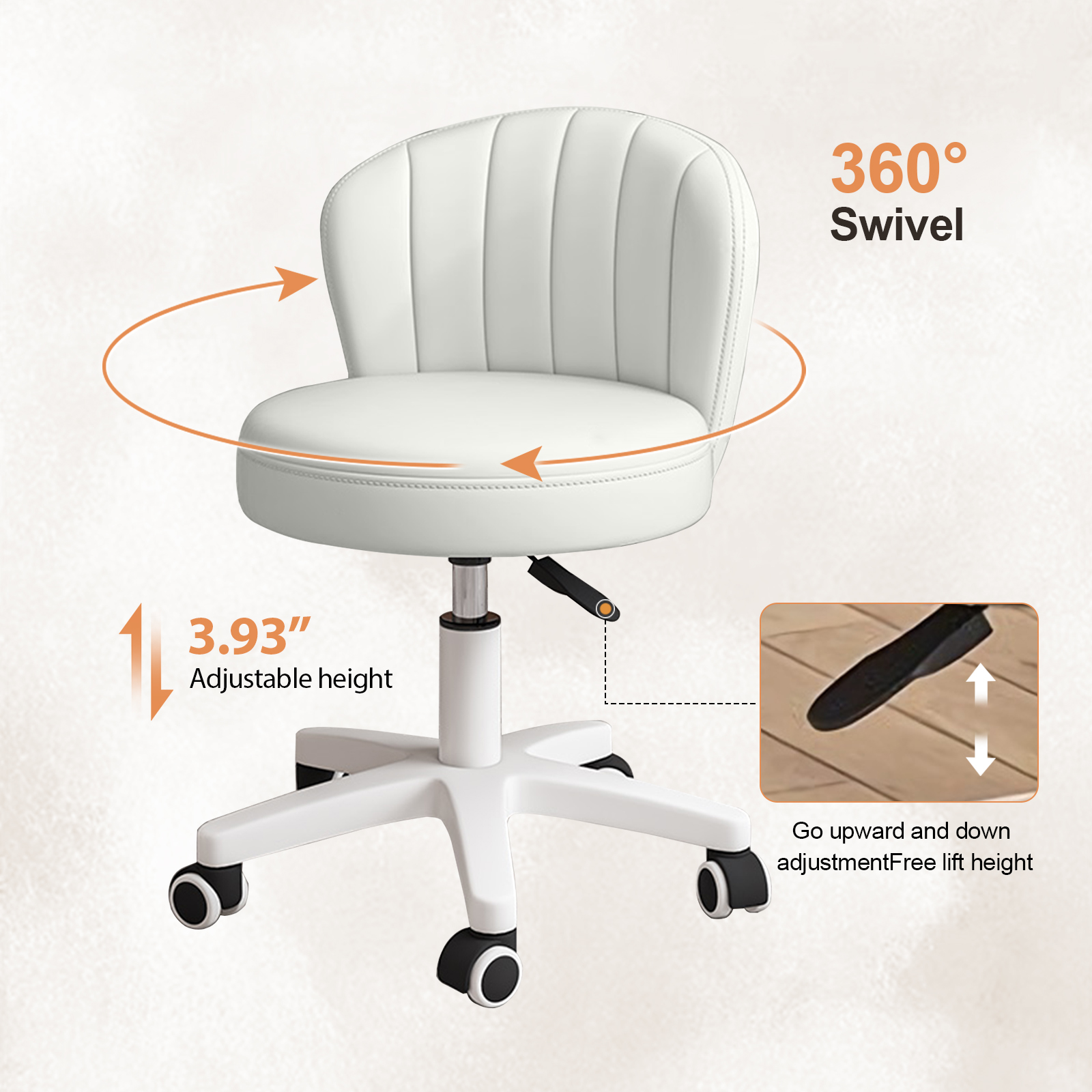 Small Round Rolling Desk Chair Armless Comfy Vanity  with Low Backrest PU Leather Height Adjustable Swivel Work Spa Chair