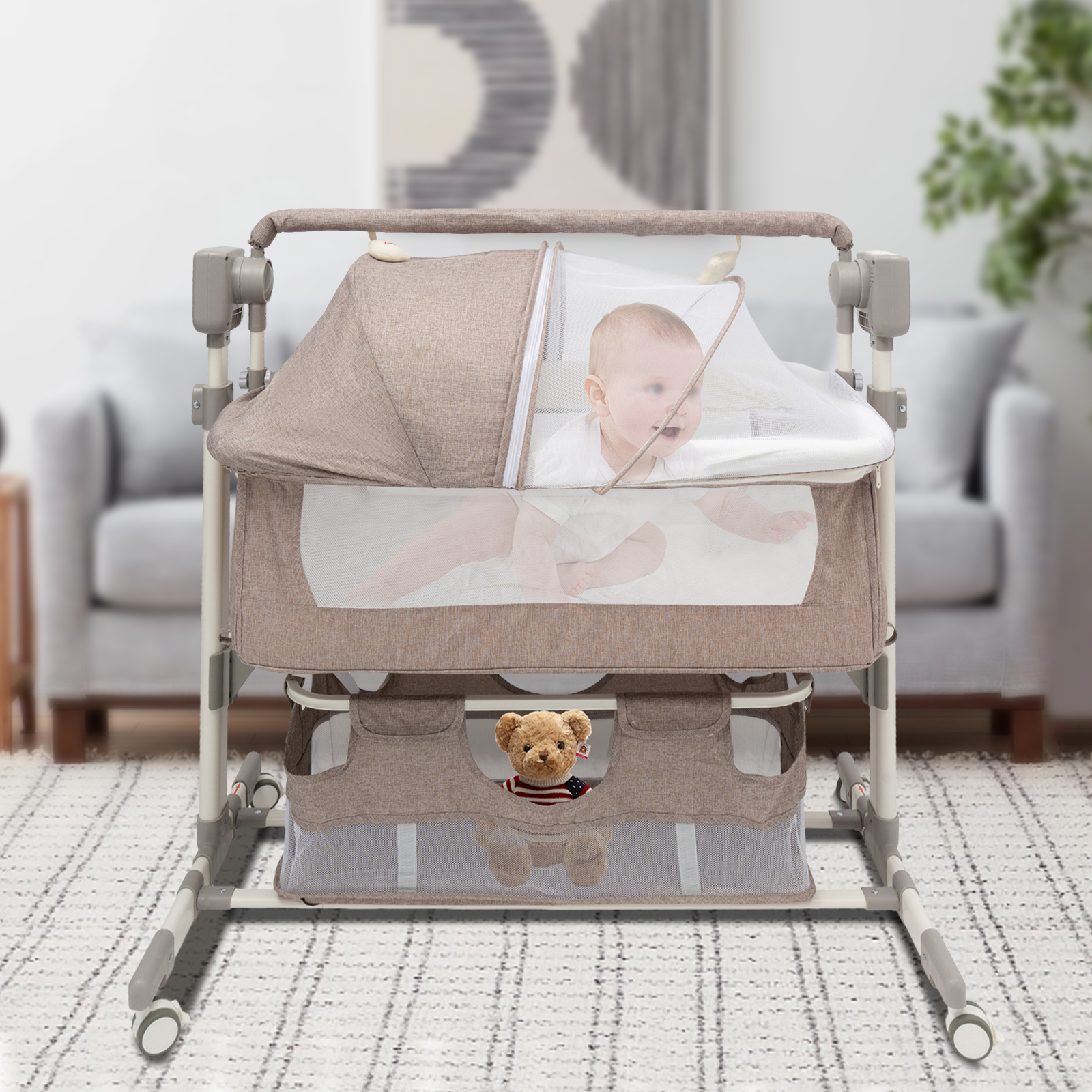 Smart Baby Bassinet Bedside Sleeper Music Play Automatic Cradle with Timing Function & 5-Speed