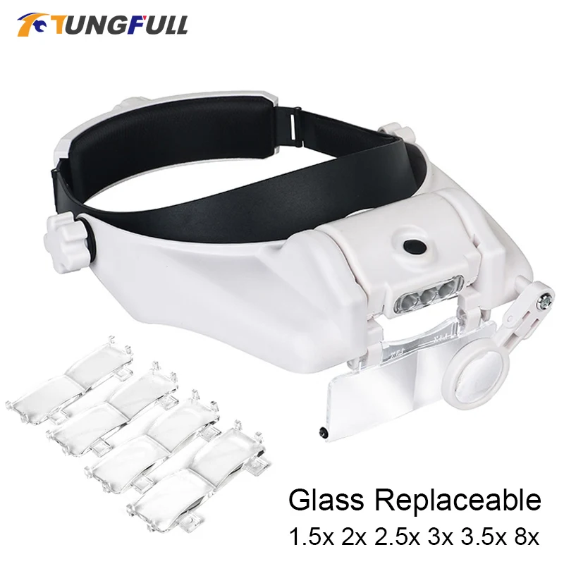 Lupa de diadema LED, lupas manos libres para joyería, lupa, reloj, reparación electrónica, lupa de lente 1,5x2x2,5x3x3,5x8x