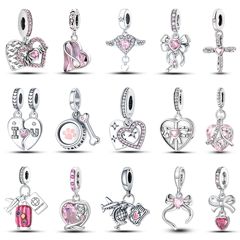 Mode 925 Silber Farbe Stamm Herz Form Bogen Rosa Charms Perlen Fit Pandach 925 Original Armbänder Feine DIY Geburtstag schmuck