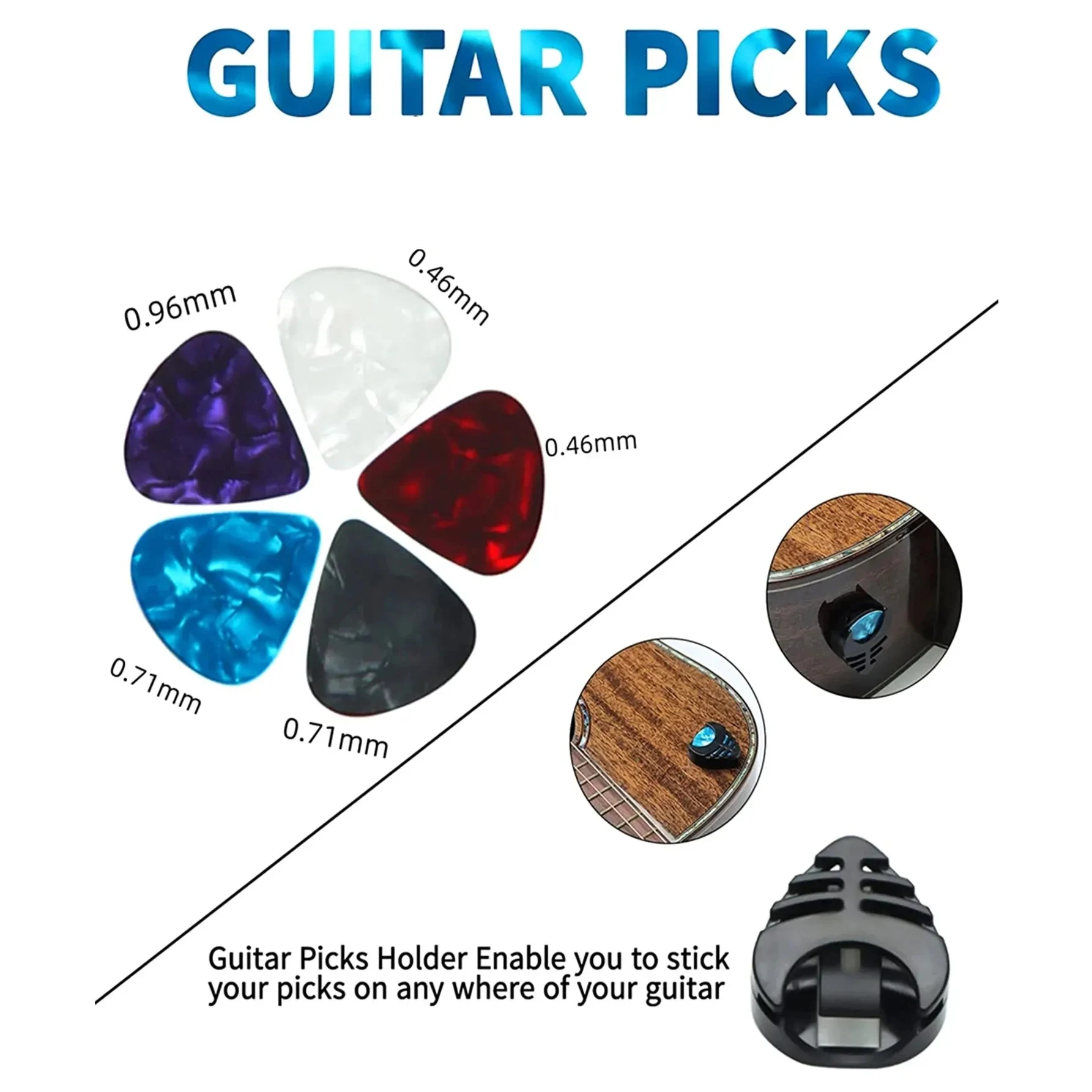 10 peças de alça de guitarra para baixo elétrico e guitarras acústicas incluem 5 palhetas de guitarra e 1 suporte e 2 arruelas, presente para guitarristas
