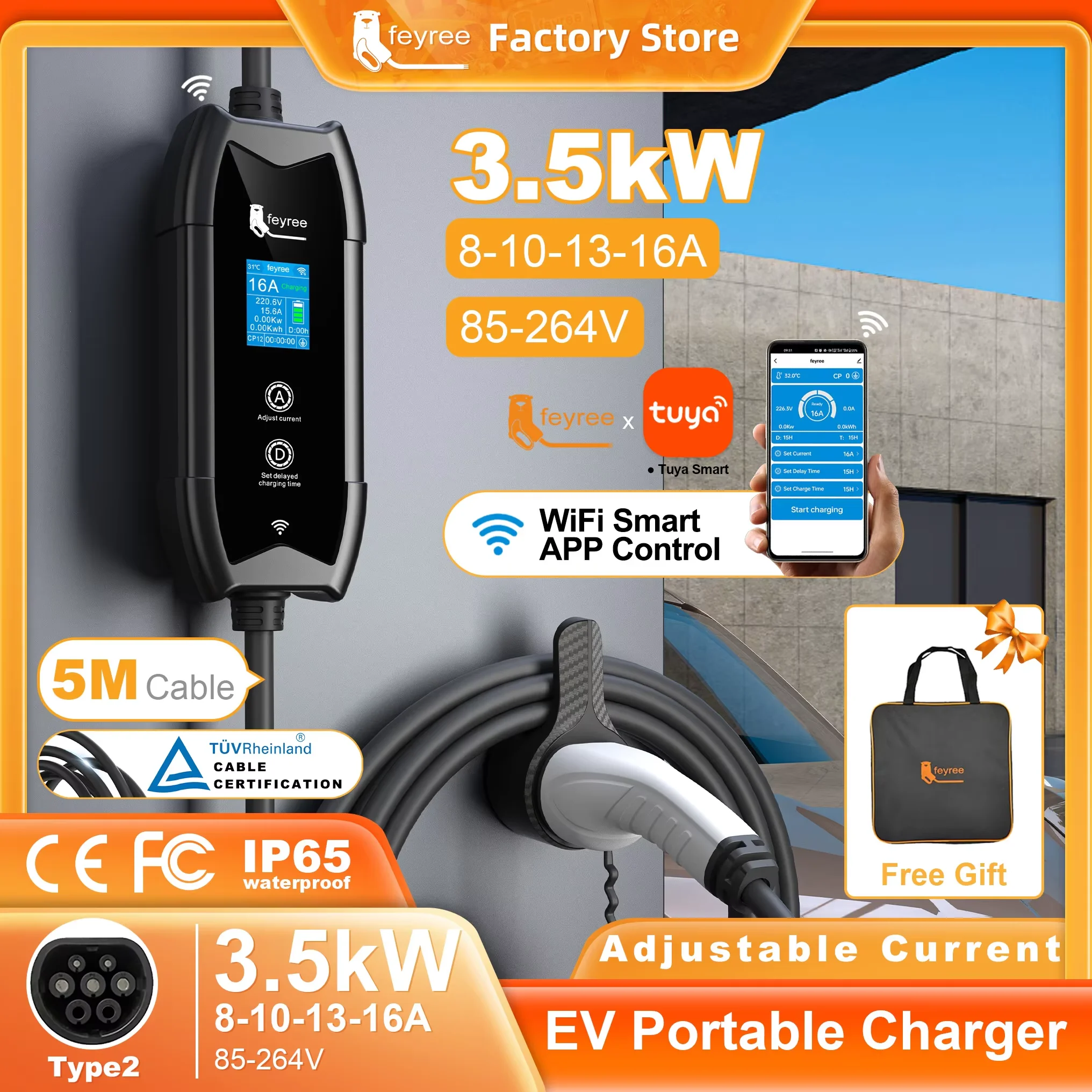 Feyree Ładowarka EV Typ 2 16A 3.5KW Jednofazowa Sterowanie WIFI Aplikacją Kabel 5M Przenośny Zestaw Ładunkowy z Funkcją Ładowania i Opóźnienia Czasu dla Samochodów Elektrycznych