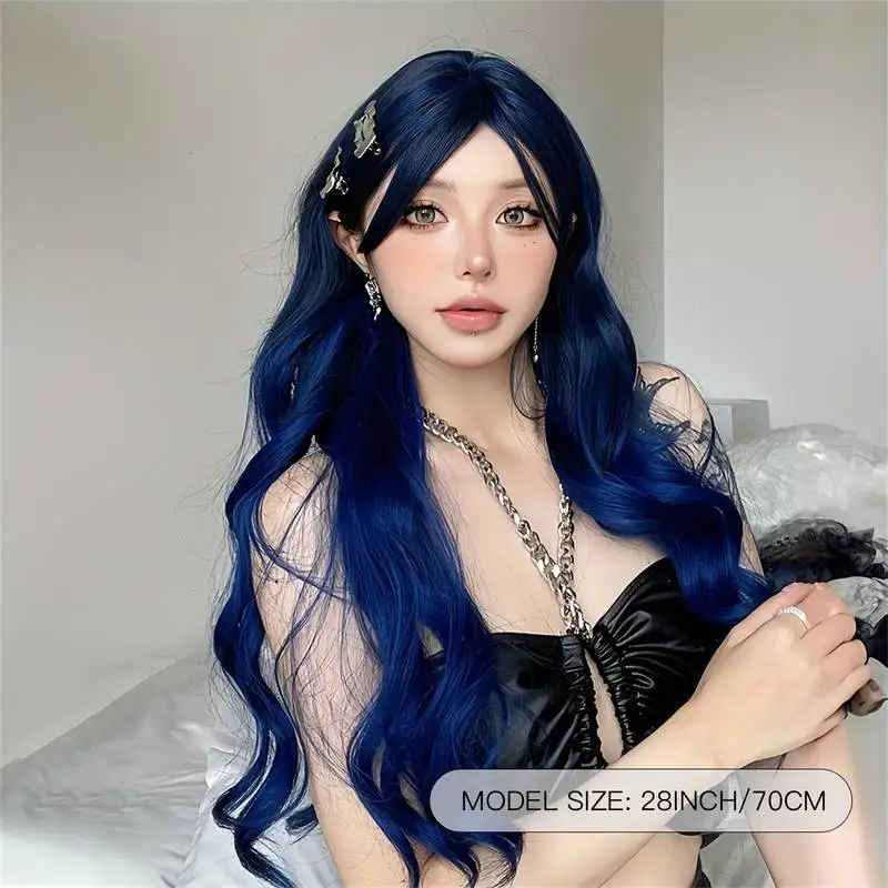 Pelucas sintéticas onduladas largas y rizadas de color azul profundo con flequillo para mujer, pelucas de Cosplay onduladas azules coloridas, pelo falso Natural resistente al calor