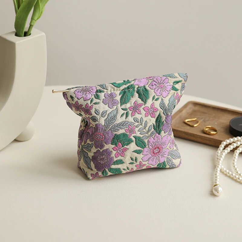 Bolsa de maquiagem de flor roxa vintage feminina, grande capacidade, cosmético, armazenamento de batom, porta-moedas portátil, embreagem comutador