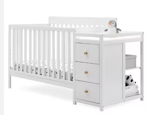 Cuna convertible de madera maciza blanca: altura ajustable, cajón de almacenamiento, certificación EN716/CPC