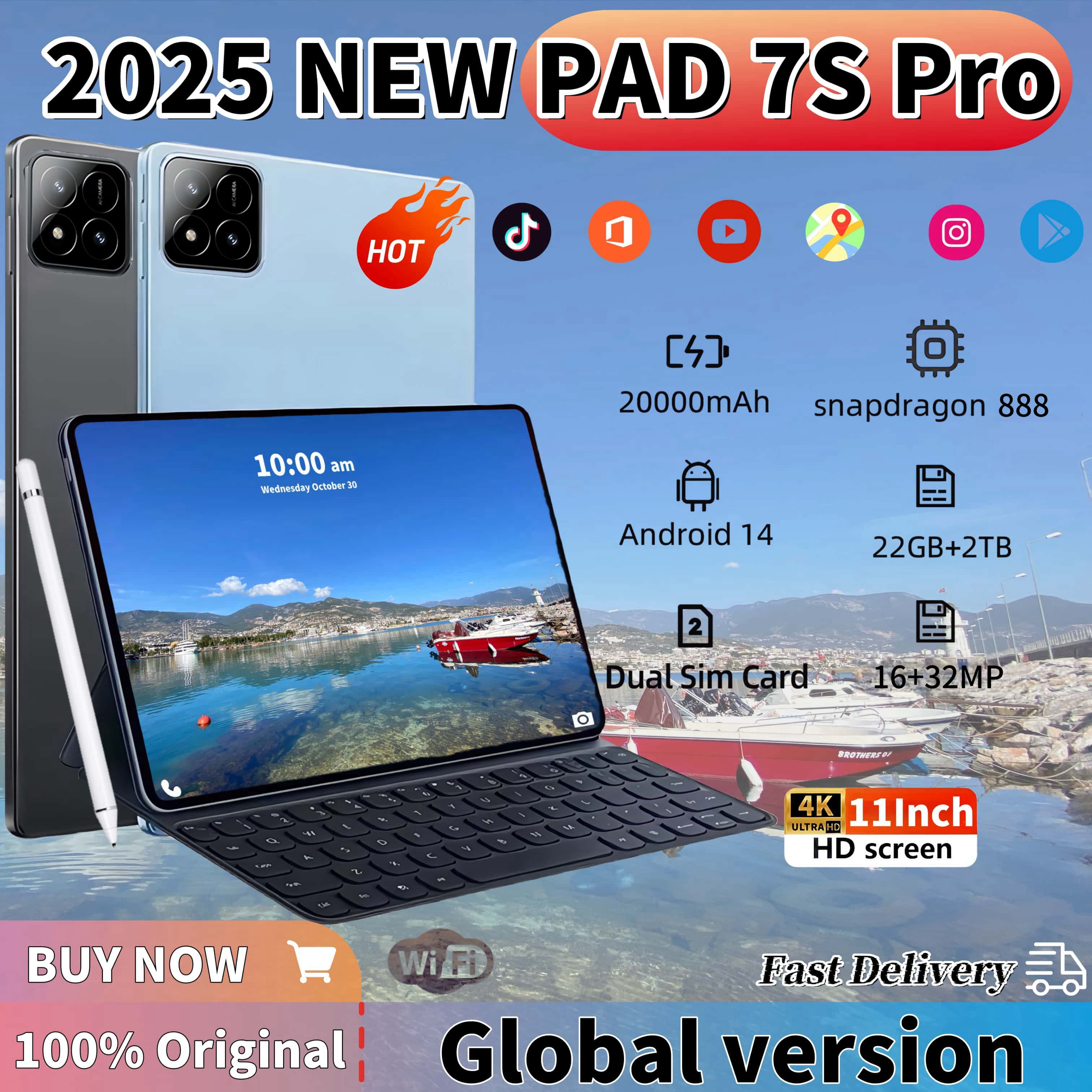 2025 tout neuf Original PAD 7S Pro Android 14 Snapdragon 8gen2 tablettes 20000mAh 11 pouces HD 22GB + 2TB 5G double SIM Wifi tablette PC