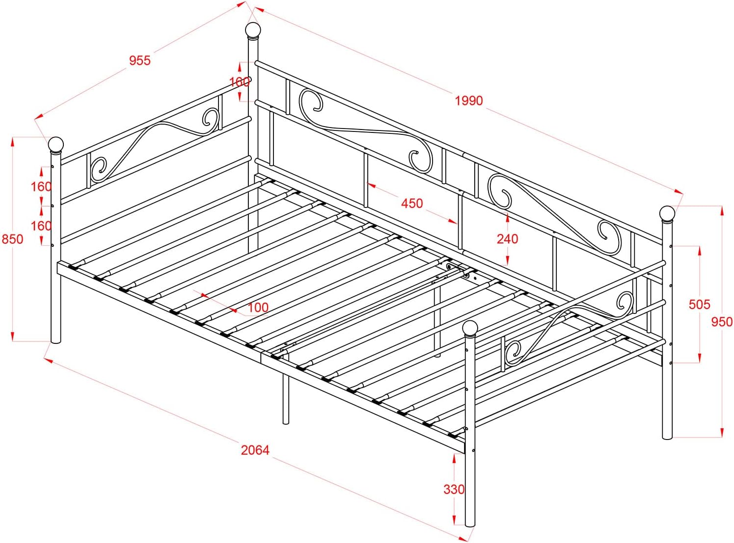 Cama Metálica Diván Cama para Dormitorio Salón Cuarto de Invitados, Marcos Adecuado para Colchón de 90*200 cm, Bl