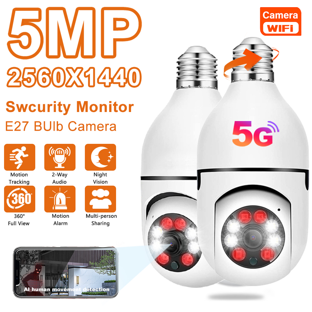 Cámara de vigilancia con bombilla E27 de 5G, Wifi, 5MP, Zoom Digital 4X para interiores, detección humana AI, visión nocturna a todo Color, cámara inalámbrica para hogar inteligente