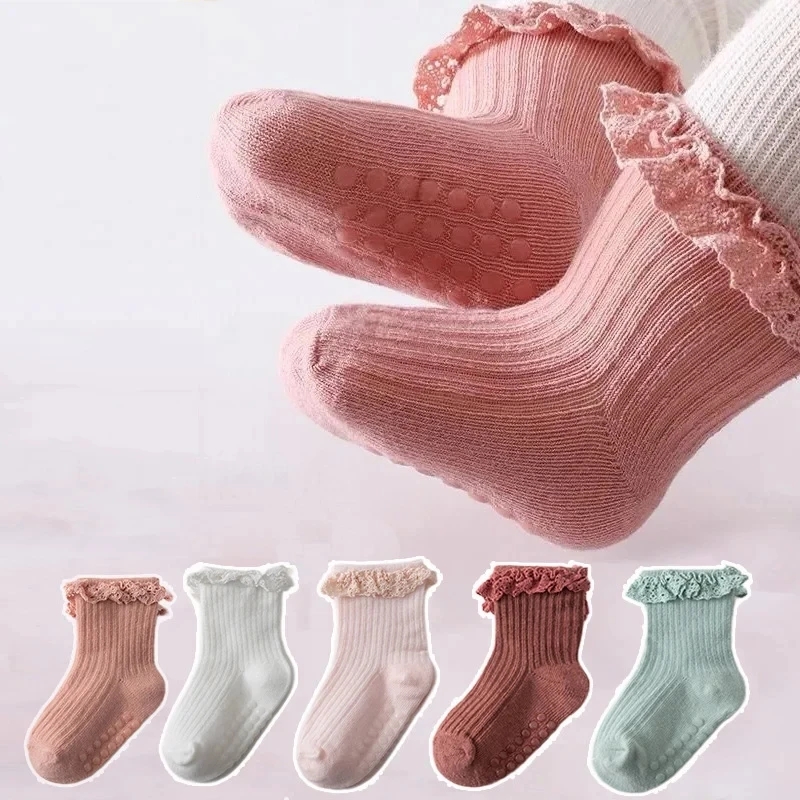 1/3/4/5 pares de calcetines de encaje de Color puro de algodón para niñas pequeñas calcetines antideslizantes para niñas pequeñas calcetines bonitos hasta la rodilla