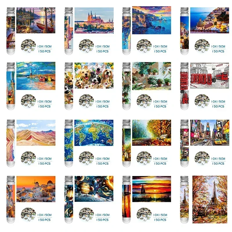 150PCS Mini หลอดทดสอบจิ๊กซอว์ปริศนาภาพวาดที่มีชื่อเสียง Decompression ของเล่น Landamark ปริศนาตู้เย็นปริศนาเกมครอบครัวตกแต่ง