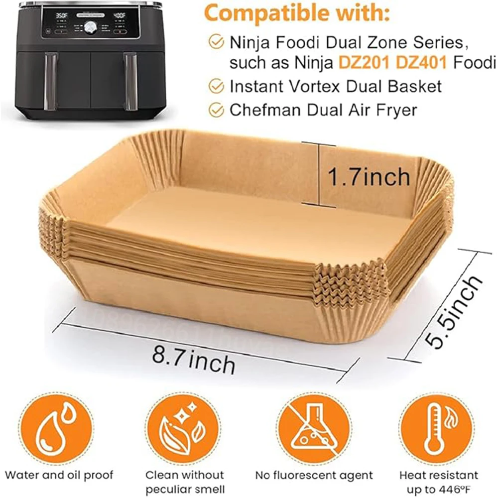 Revestimientos de papel desechables para freidora de aire, papel pergamino rectangular para freidora de aire para Ninja Dual Basket DZ201 DZ401, accesorios para freidora de aire de 8 cuartos