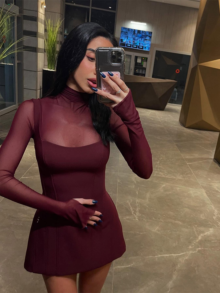 여성을위한 메쉬 패치 워크 드레스 패션 섹시한 streetwear 솔리드 ​​풀 슬리브 터틀넥 a 라인 스키니 미니 vestidos 가운 여성