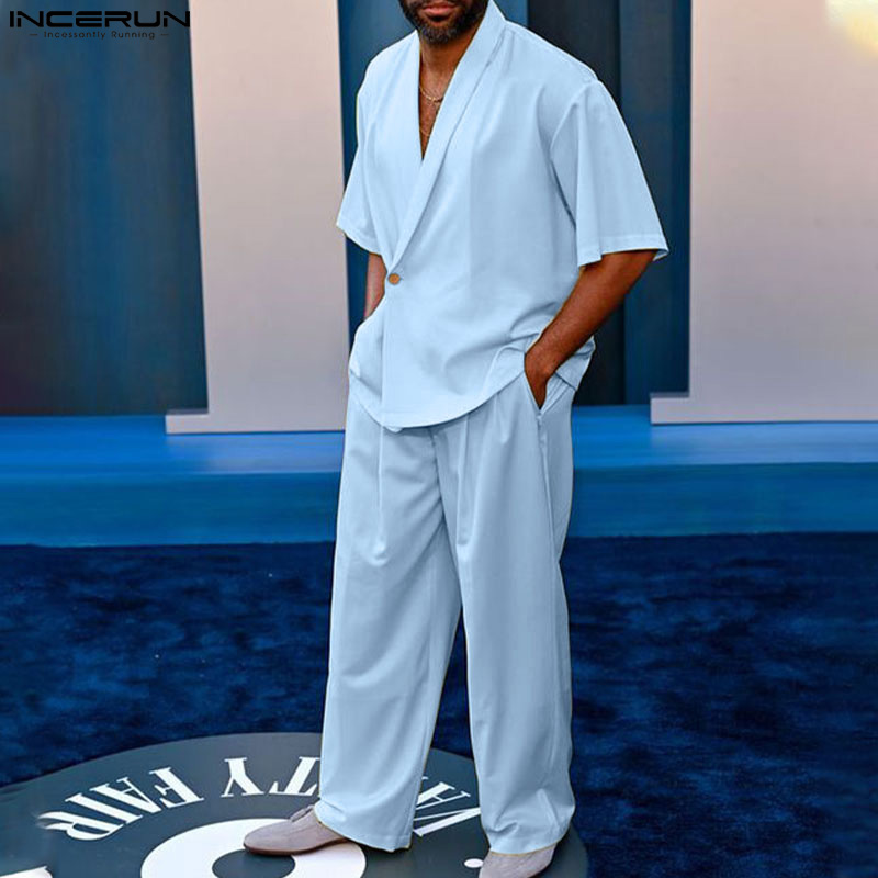 2024 männer Sets Einfarbig Streetwear Revers Kurzarm Blazer & Hosen Zwei Stücke Sets Lose Mode männer Casual Anzüge INCERUN