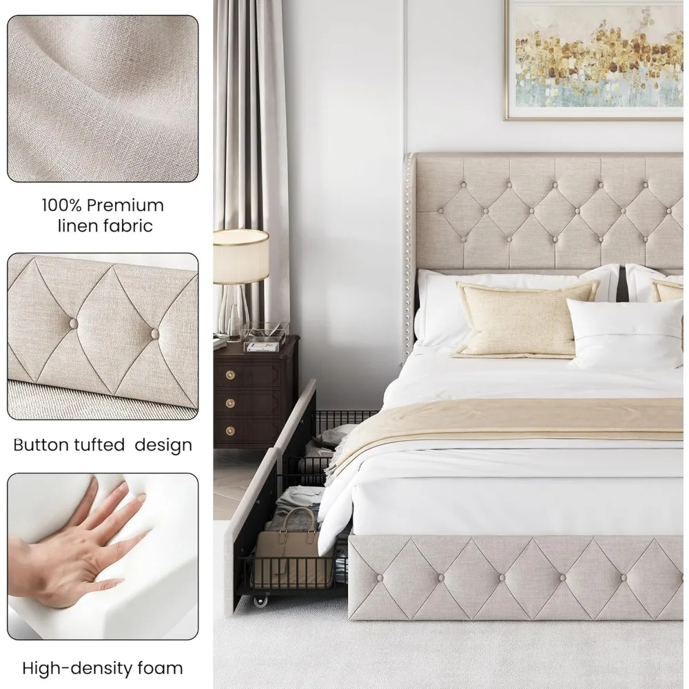 King Size Bed Frame with 4 Storage Drawers and Tufted Headboard Linen Upholstered Platform Bed Frame Wingback Beds with