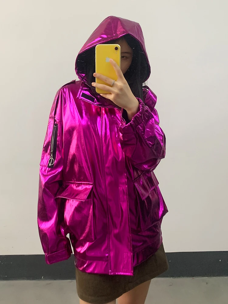 Nerazzurri Frühling übergroße coole Silber Gold Blau glänzend reflektierende Patent Pu Lederjacke Frauen mit Kapuze Unisex Y2k Kleidung