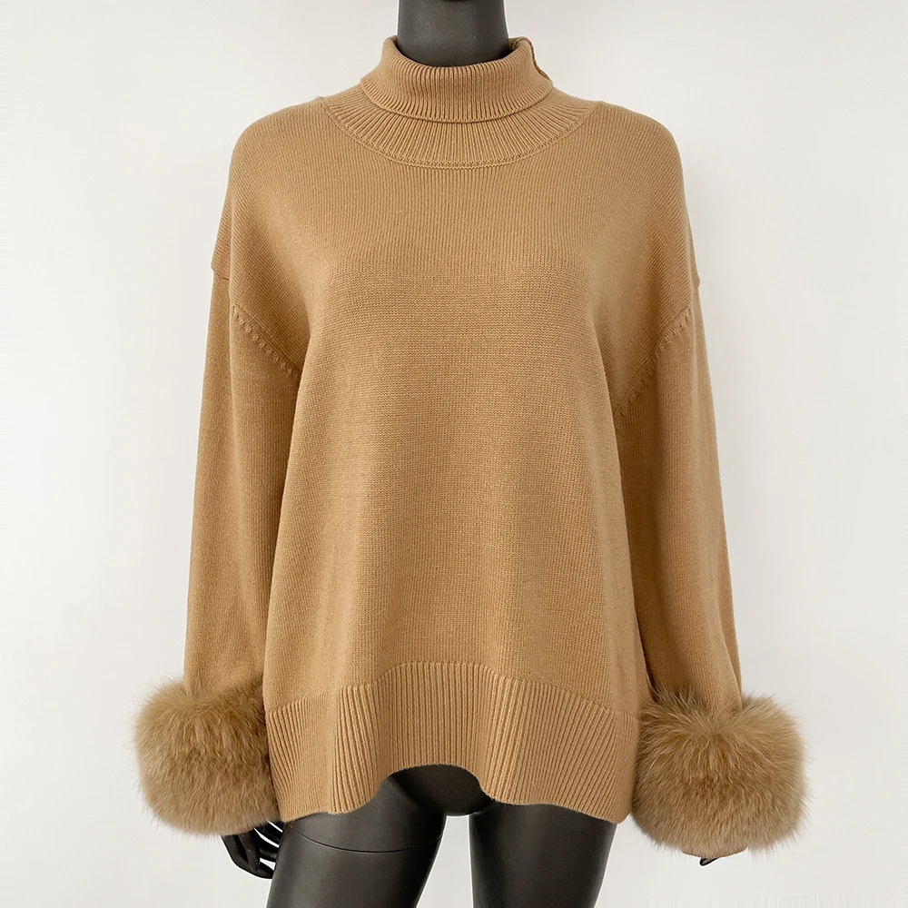 FURYOURSELF 2025, Damen-Wollpullover, übergroß, echtes Fuchspelz, Manschettenpullover, elegante Bürodame, Kleidung, lockerer Rollkragenpullover