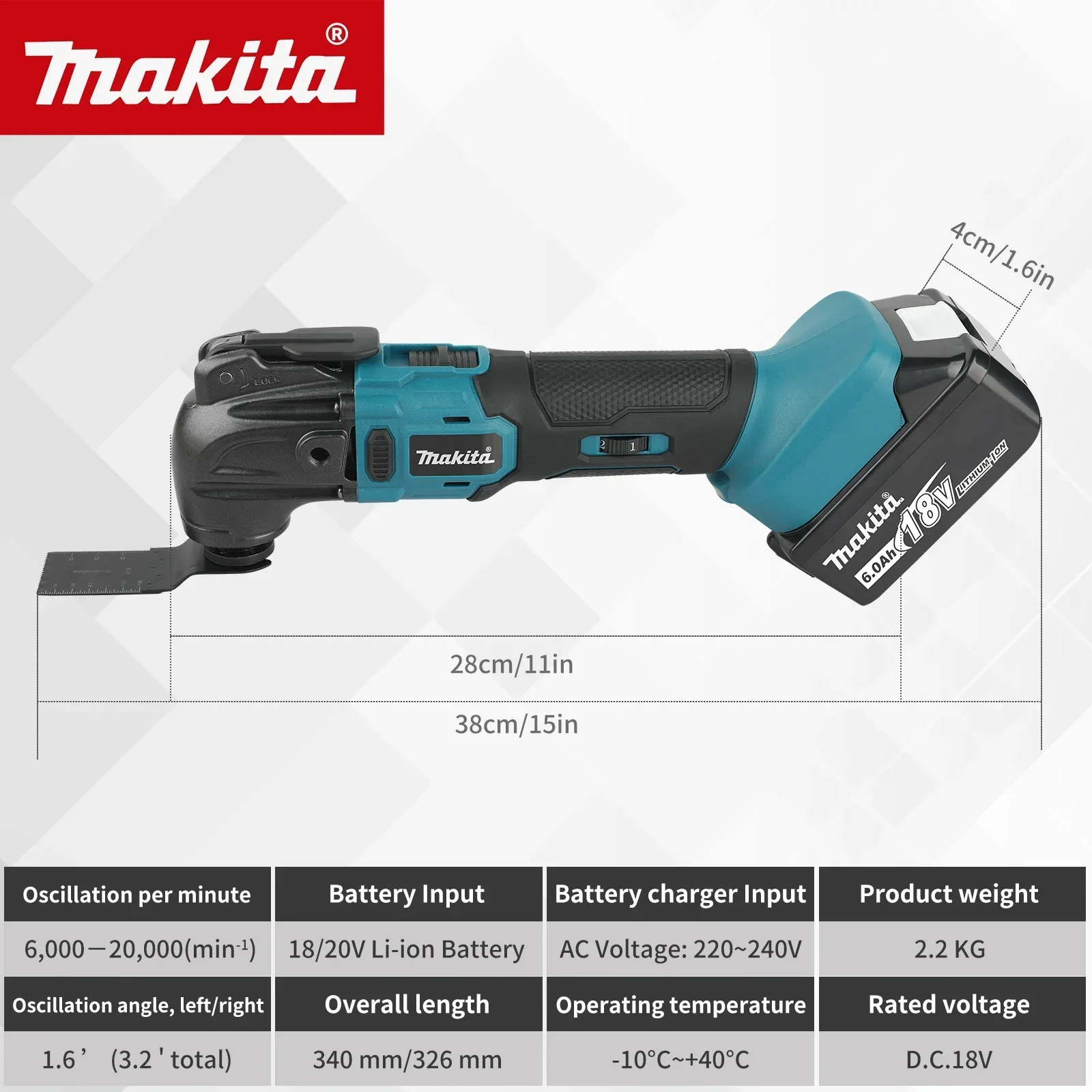 Makita 18V Trimming Cutter: 6-Gear Settings, 18/20V Li-Ion Battery, 340-326mm Length, Multi-Use for Sawing, Cutting, Shoveling