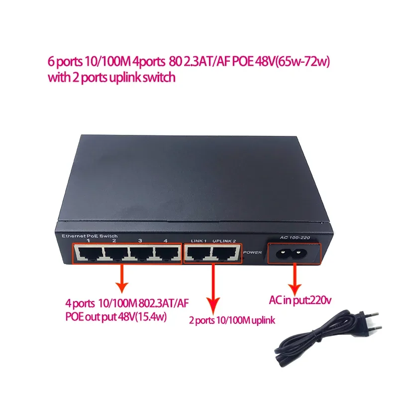 6 puertos 10/100M 4 puertos poe 802.3at/af 48v (65w-72w) con enlace ascendente de 2 puertos para cámara CCTV cámaras IP conmutador ethernet