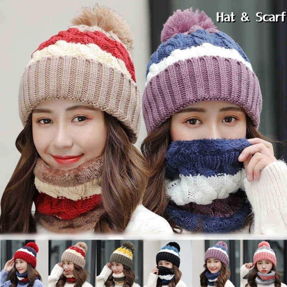 2PCS/Set Winter Warm Knitted Hat Neck Protection Windproof Beanies Hat Plush Soft Scarf Set Women